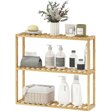 Étagère de rangement en bambou réglable, étagère de salle de bain à 3 niveaux, 60 x 15 x 54 cm, effet bois naturel (1/3)