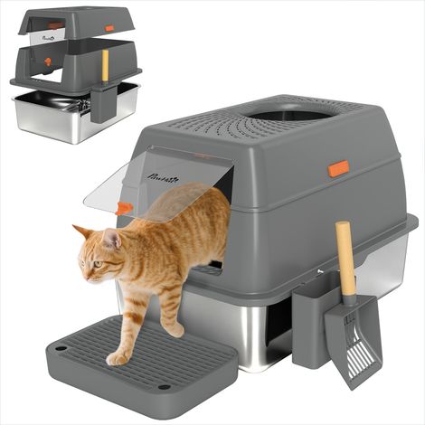 Bac à litière fermé inox 80 L anti-odeurs gris foncé