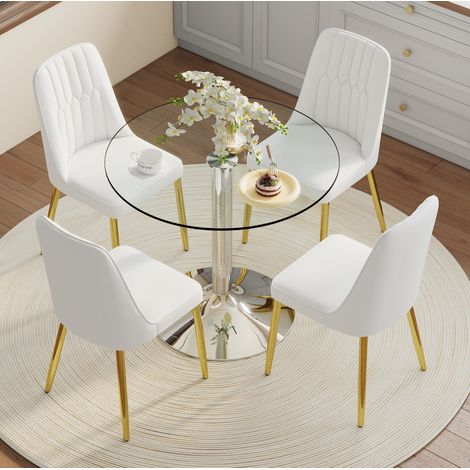 Ensemble table à manger ronde en verre 85 cm avec 4 chaises PU blanches et pieds dorés (1/5)