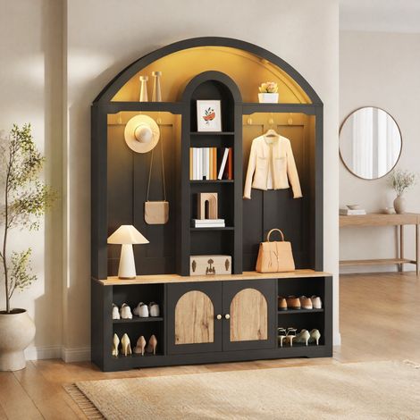 DESMIU Armoire d'entrée avec étagères ouvertes, rangement bas à portes et crochets latéraux, en MDF noir (1/5)