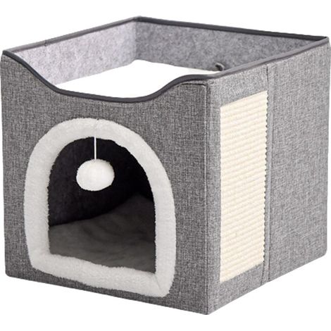 Cuccia per gatti a doppio strato, pieghevole, morbida e soffice, traspirante, leggera, in MDF/velluto/lino, grigio scuro/bianco (1/5)