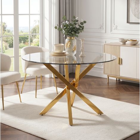 Table manger ronde 80 cm verre trempé pied doré HAVRYA (1/5)