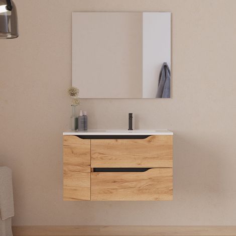 Meuble de salle de bain 80cm avec vasque déportée à droite et miroir - 2 tiroirs et un placard - roble (chêne clair) - ZARZA (1/5)
