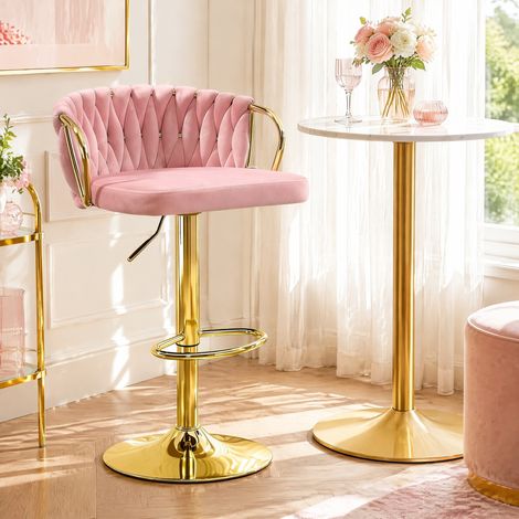 DESMIU Tabouret de Bar Pivotant Réglable en Hauteur avec Dossier Accoudoirs et Repose-Pieds en Velours Rose (1/4)