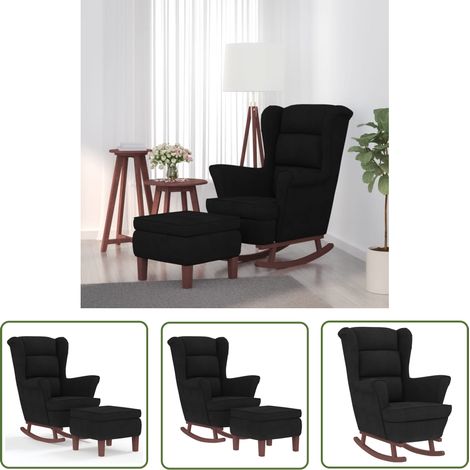 The Living Store Chaise à bascule avec pieds en bois et tabouret Noir Velours - Fauteuil À Bascule - Chaise Relaxante - Chaise Lounge - Velours - Meuble Salon (1/5)