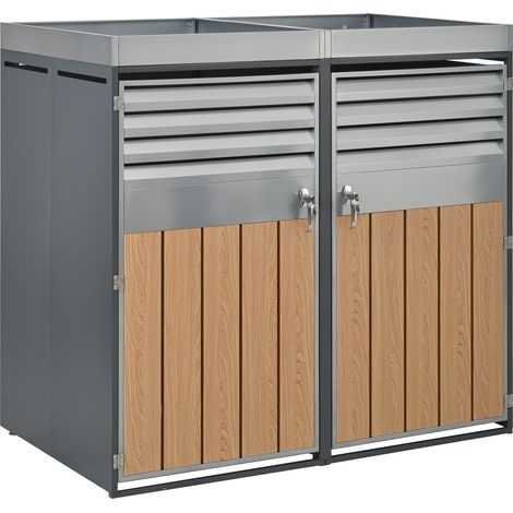 Armoire à poubelles avec jardinière intégrée, ventilation lamellée, acier galvanisé, deux portes verrouillables, aspect bois (1/5)