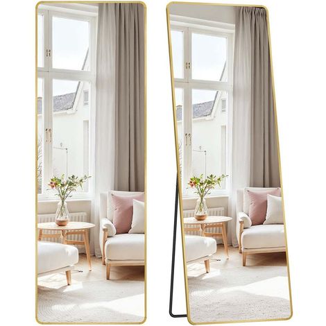 Miroir rectangulaire sur pied 160 x 50 cm grand miroir à poser au sol style moderne finition dorée en verre trempé doré clair (1/2)