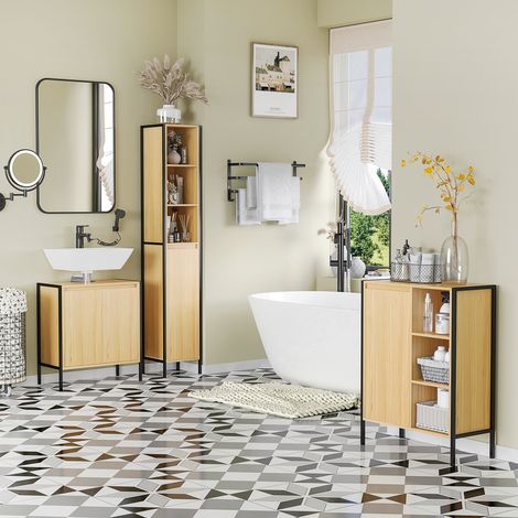 Meuble pour Sous-Lavabo Armoire de Sol pour Salle de Bain en Bois avec 2 Portes et Étagère 60x30x65.2 cm Chêne