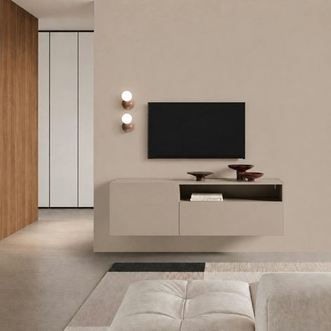 Meuble TV taupe moderne à poser ou suspendre LORA
