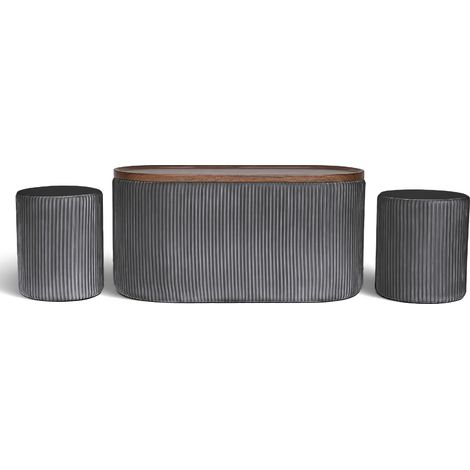 Set 3 Pouf Contenitore con Tavolino da Salotto Ovale in Velluto e Coperchio in Legno, 2 Pouf Interni Salvaspazio, Tavolino Contenitore Moderno, Seduta Imbottita Grigio Scuro