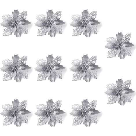 10 Pièces Décoration de Noël Fleurs, Noël Poinsettia Glitter Ornement, Fleur de Noël Artificielle, Ornements de Décoration de Noël (Argent) (1/5)