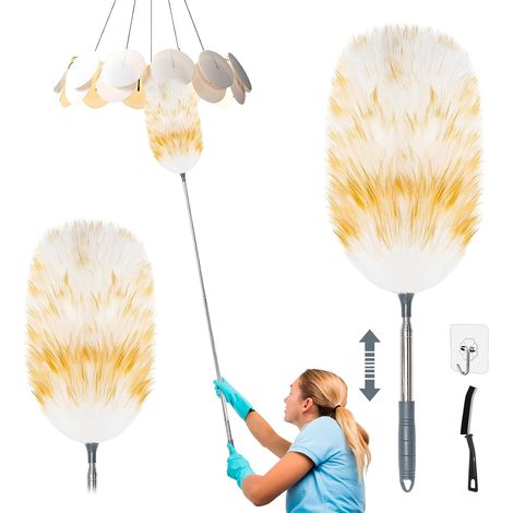 Plumeau télescopique en laine d'agneau lavable, extensible jusqu'à 130 cm, aspiration électrostatique de la poussière pour plafonds, surfaces en hauteur et surfaces délicates, dépoussiérage sans rayur (1/5)
