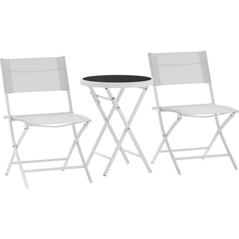 3 Pieces Outdoor Bistro Set, Glass Top Outdoor Table and 2 Folding Chairs with Protecting Feet, White