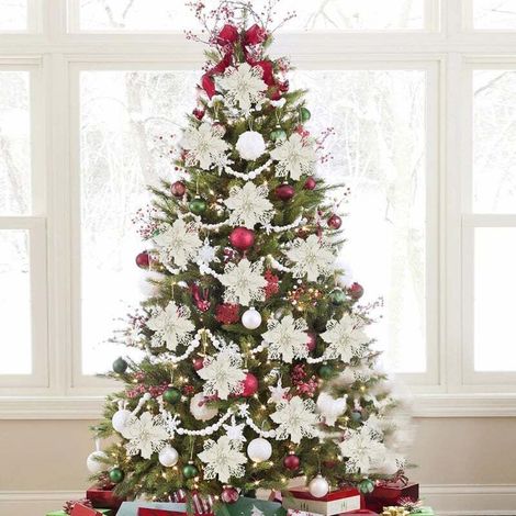 Set di 10 decorazioni natalizie, fiori di Natale artificiali glitterati con clip, decorazioni per albero di Natale, ghirlanda natalizia, diametro 16 cm