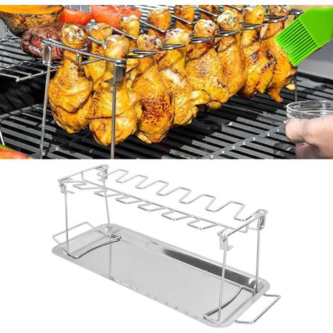 Soporte para parrilla con estante, parrilla portátil de acero inoxidable con patas de pollo, parrilla plegable con 14 ranuras para uso en exteriores. (1/5)