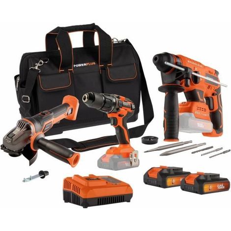 Pack 3 Werkzeuge - DUAL POWER - 20 V - Bohrschrauber + Winkelschleifer + Schlagbohrer - 2 Batterien und Ladegerät - Tasche