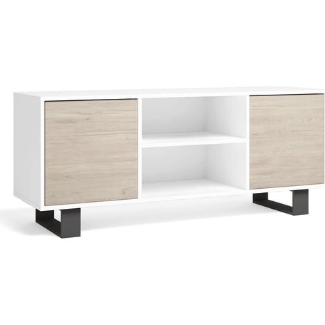 Skraut Home - Mueble TV 140 con 2 puertas, salón comedor, Modelo WIND, color estructura Blanco, color puertas Roble, medidas 137x40x57cm de altura. (1/4)