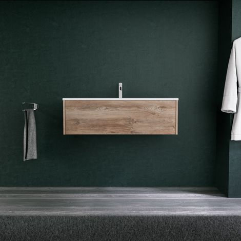 Inda - Badezimmerschrank 1 Schublade L.100 mit mattem Waschbecken / Natureiche - Diamante