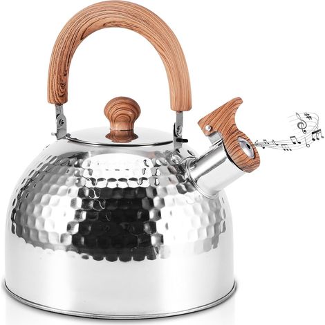 Bouilloire sifflante en acier inoxydable de 2 L avec poignée en grain de bois pour plaque à gaz, plaque à induction, poêle à bois, bouilloire sifflante pour intérieur et extérieur, pêche, camping (1/5)