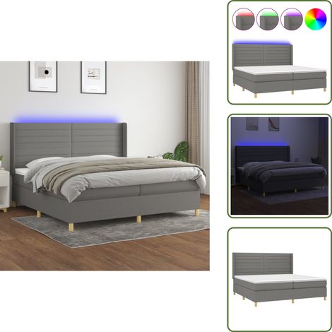 Sommier à lattes de lit matelas LED Gris foncé 200x200 cm Tissu - Sommier Tapissier - Lit Avec Led - Matelas À Ressorts Ensachés - Têted Lit Ajustable - Éclairage LED (1/5)