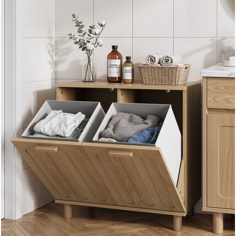 Mobile portabiancheria basculante 66x35x67 cm in MDF rovere con 2 cesti estraibili - CHICFURN (1/5)