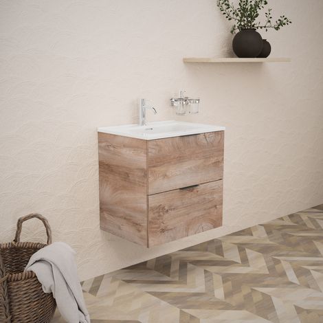 Inda - Badezimmerschrank B.60 mit glänzendem Waschbecken / Natureiche 2 Schubladen - Topazio (1/5)