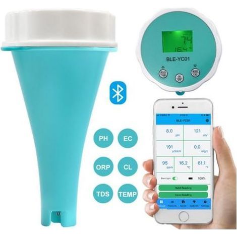 Private Label-Testeur d'eau de Piscine Bluetooth 6en1 EC/Salinité/pH/ORP/Temperature/Chlore, Compteur Sans fil Flottant Intelligent de Surveillance de Piscine pour Piscines et Spas de Nage
