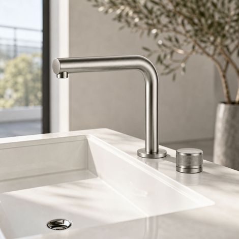Robinet mitigeur 2 trous en acier inoxydable 304, bec pivotant 360°, finition brossée, contrôle séparé eau chaude et froide (1/5)
