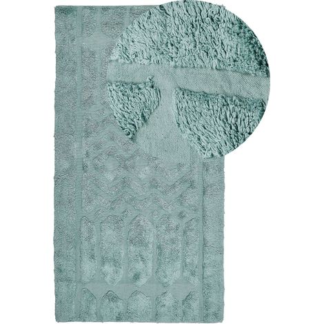 Tapis en Coton Turquoise 80 x 150 cm à Motif Géométrique Texturé Moelleux Sirnak (1/5)
