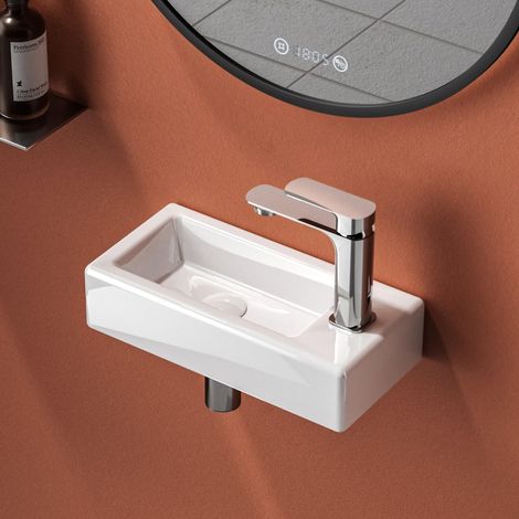 Lavabo 36,5 x 18 x 9 cm, petit lavabo à main blanc, lavabo suspendu pour toilettes d'invités et salle de bain, robinet droite, bac à laver mural (1/5)