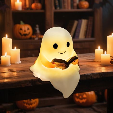 Niedliche Geisterlampe zum Lesen, neues Halloween-Nachtlicht 2025 mit leuchtendem Geister- und Buchmuster, geeignet für Schlafzimmer, Arbeitszimmer, Wohnzimmer und Esszimmer.