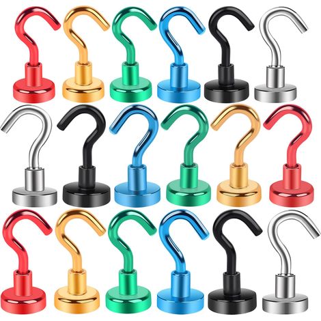 18 piezas de gancho magnético de neodimio fuerte de 16 mm para refrigerador, cocina, oficina, escuela, gancho de techo resistente, 6 colores, 3 de cada uno (1/5)