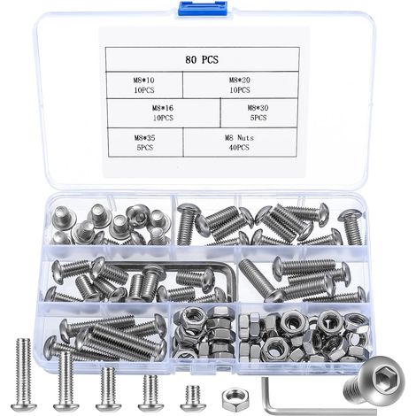 80 Pièces M8 Vis Boulons et Écrous Set, Boulons Vis à Six Pans Creux et Ecrous, Boulons Vis à Tête Hexagonale, Vis a Tête Cylindrique avec Écrous Assortiment Kit (1/5)