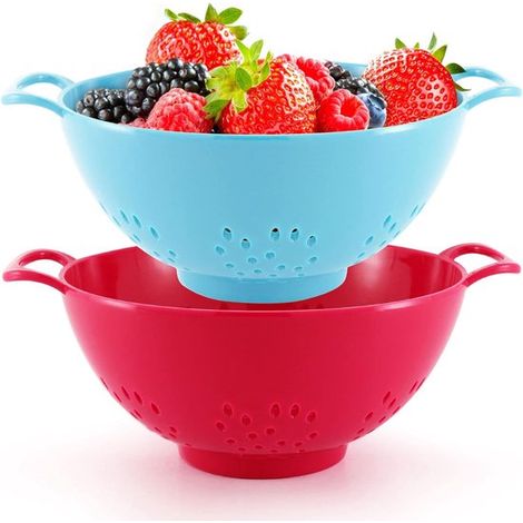 pièces - petites passoires de cuisine - passoires en plastique avec poignée - sûres - lavables au lave-vaisselle - pour légumes, baies, fruits, aliments - rouge et bleu (1/5)