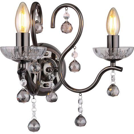 Applique murale bougie avec cristaux bronze et abat-jour en verre transparent, 2 ampoules E14 (1/5)