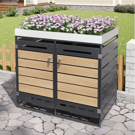 Armoire à poubelles 2 compartiments en fer noir avec bac à plantes, ventilation et serrure (1/5)