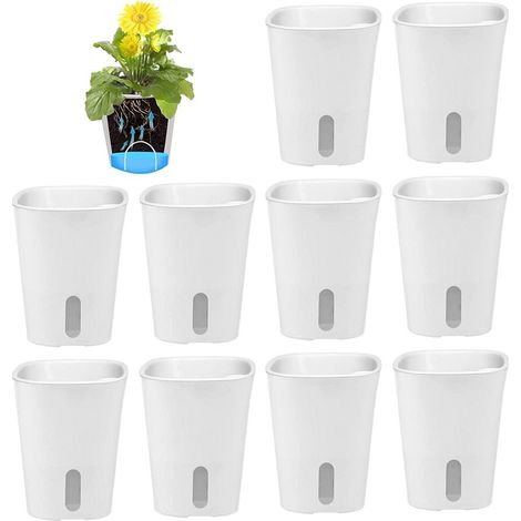 Lot de 10 pots de fleurs en plastique avec système d'irrigation automatique, trou de drainage et indicateur de niveau d'eau - 7,5 cm - Usage intérieur et extérieur (1/5)