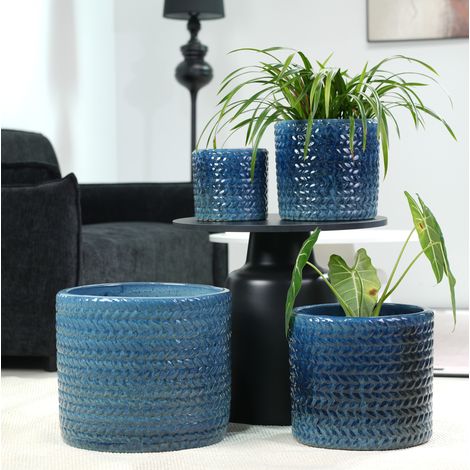 Pot de fleurs en céramique 17,5x17,5x16,5 cm bleu foncé, drainage pour bureau moderne FloraGrace (1/5)