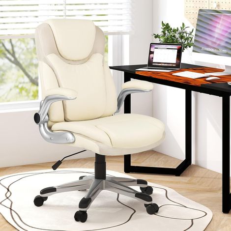 COSTWAY Bürostuhl, ergonomischer Chefsessel mit klappbaren Armlehnen, Schreibtischstuhl aus Kunstleder mit Wippfunktion, höhenverstellbarer Drehstuhl, Computerstuhl bis 160 kg belastbar, Beige (1/4)