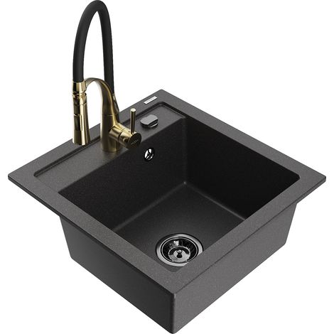 Mexen Vito fregadero de granito de 1 cubeta con grifo de cocina Aster, negro moteado - 6503-76-73450-57-B (1/5)