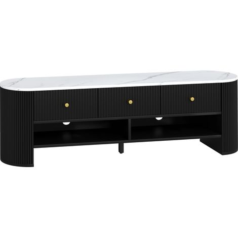 Meuble TV 140 cm, support téléviseur 65 pouces marbre blanc effet avec 3 tiroirs cannelés, 2 étagères, noir (1/5)