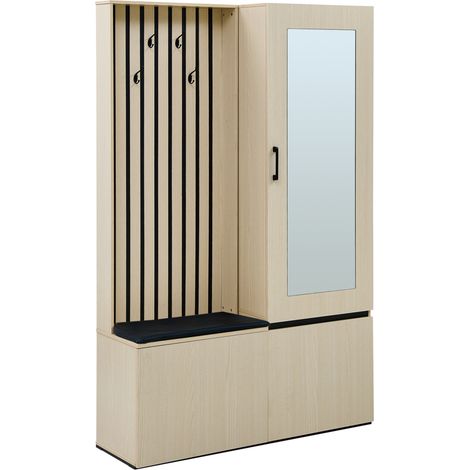 Mueble recibidor con espejo y banco zapatero HOMVRA de MDF color madera (1/5)