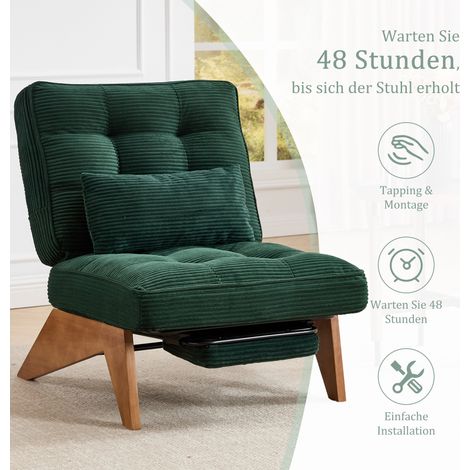 Chaise longue sans dossier velours côtelé vert foncé,repose-pieds,coussin lombaire et pieds en bois naturel.