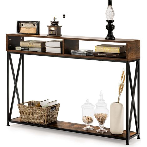 COSTWAY Tavolo Consolle a 2 Livelli con Piedini Regolabili Telaio di Metallo Ripiani Consolle Ingresso salvaspazio per Salotto Ingresso e Corridoio 120 x 23 x 79 cm Marrone (1/5)