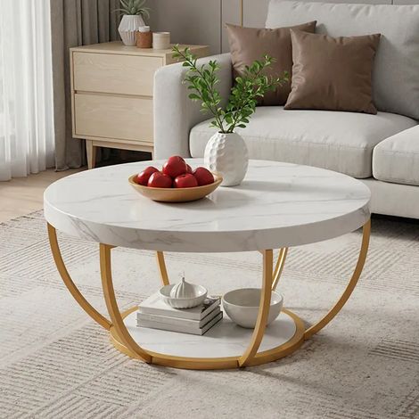 Moderner runder Couchtisch mit 2 Ebenen, 80 x 80 x 45 cm, weiße Tischplatte in Marmoroptik und goldfarbene Metallbeine, runder Mitteltisch