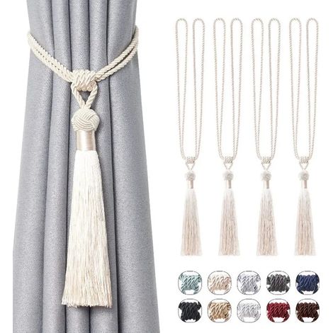 Lot de 4 embrasses de rideaux longues à pompons faites à la main en corde tressée avec nœuds de style européen pour bureau (beige) (1/5)