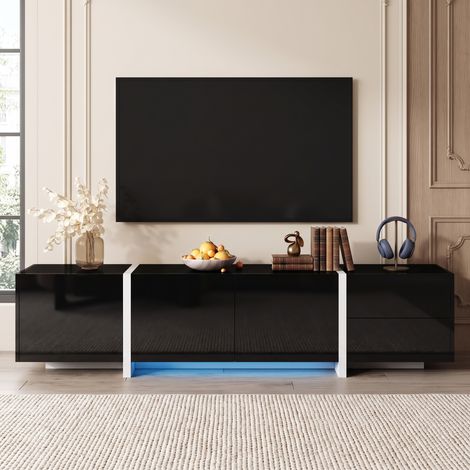 Meuble TV 170x30x39cm avec Bande LED et Tiroirs de Rangement Panneau de Particules Style Moderne Noir et Blanc (1/5)