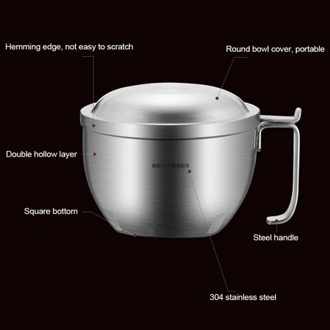 Bol à soupe instantanée en acier inoxydable avec couvercle et poignée, idéal pour la maison ou les dortoirs. (1/5)