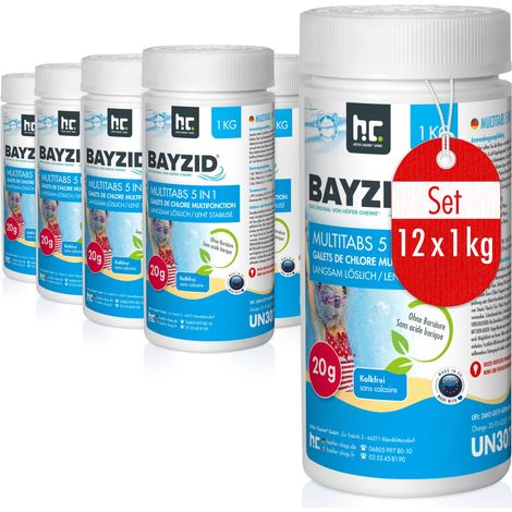 Höfer Chemie 12 x 1kg Bayzid® Pastilles de Chlore pour Piscine(20g), Chlore Multifonction 5 en 1, Entretien Complet en 5 Phases, Fabriqué en Europe