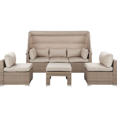 Salon de Jardin Modulable avec Toit Pare Soleil Intégré Résine Tressée Marron Clair et Coussins Beiges Inclus pour Extérieur Moderne Beliani